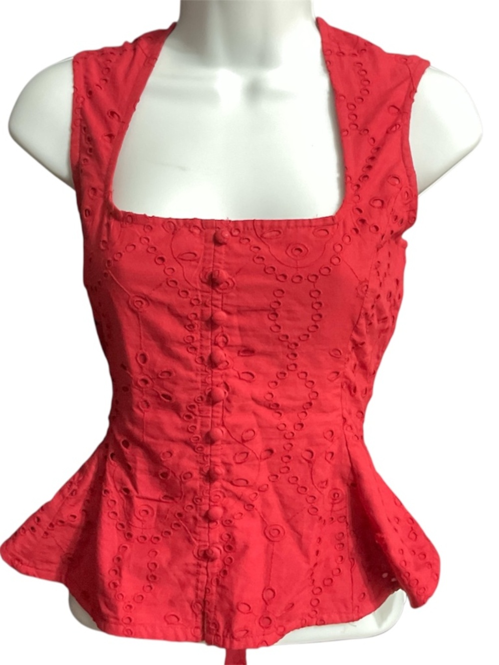 BCBG Red Eyelet Peplum Top Size 4 Square Neck Button Front